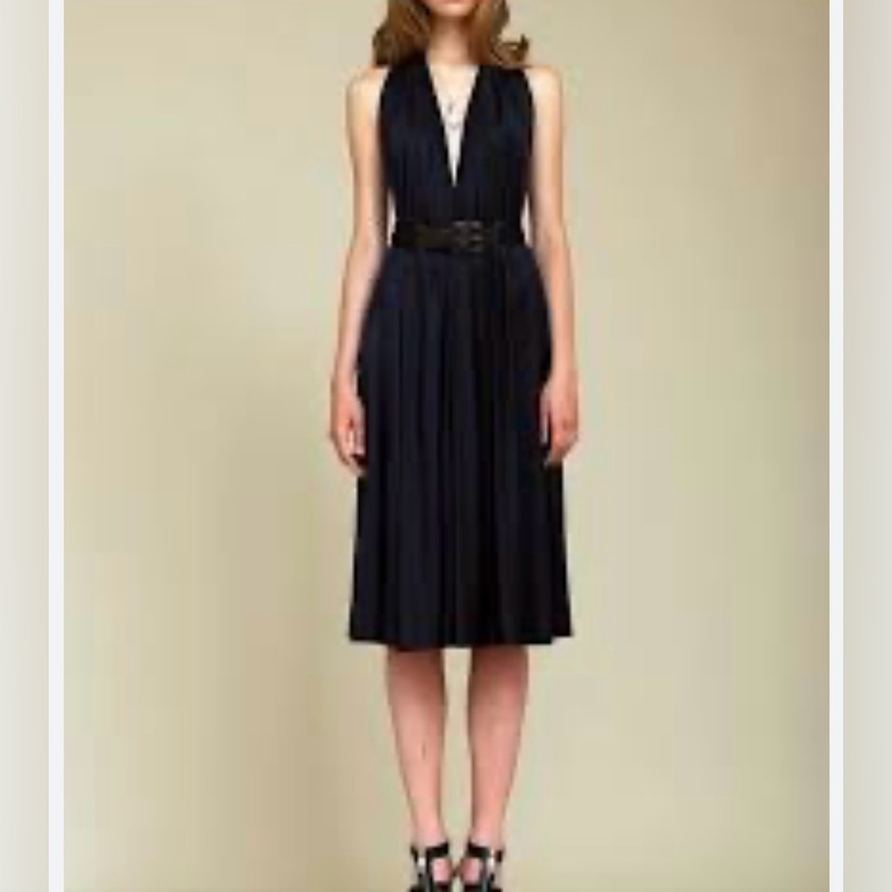 Doo.Ri NY Women’s Black Sleeveless Plunging V~Neck Leather Belt MIDI Dress Sz 10